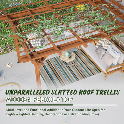 12 X 10 FT Outdoor Wood Pergola, Wooden Grape Trellis for Climbing Plant Support, Garden, Patio, Backyard, Deck, Brown