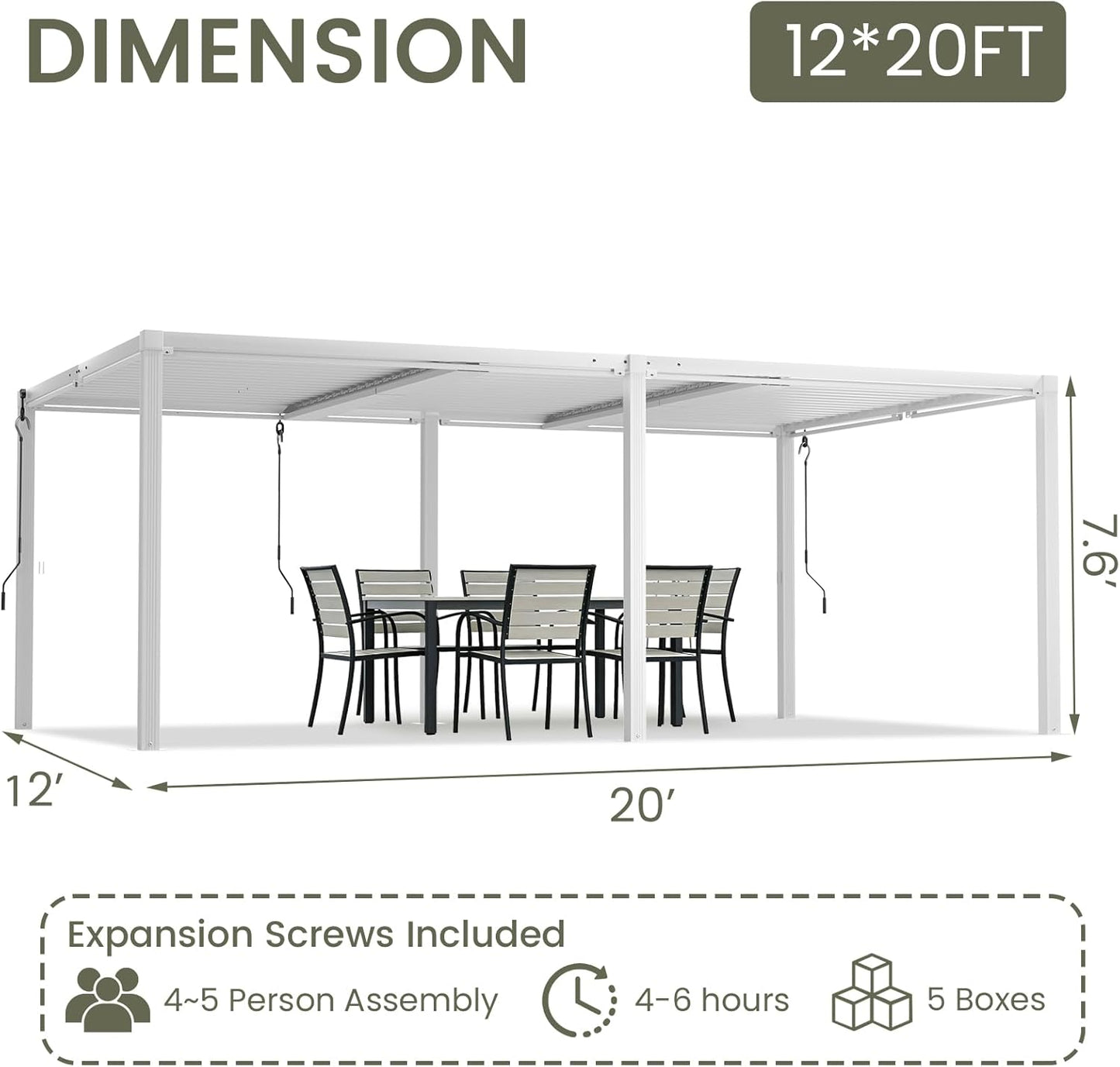 Louvered Pergola 12' X 20', Large Outdoor Aluminum Pergola with Reinforced Steel Roof, Heavy-Duty Hardtop Gazebo for Patio Garden, Weatherproof Sun Shade Shelter, White