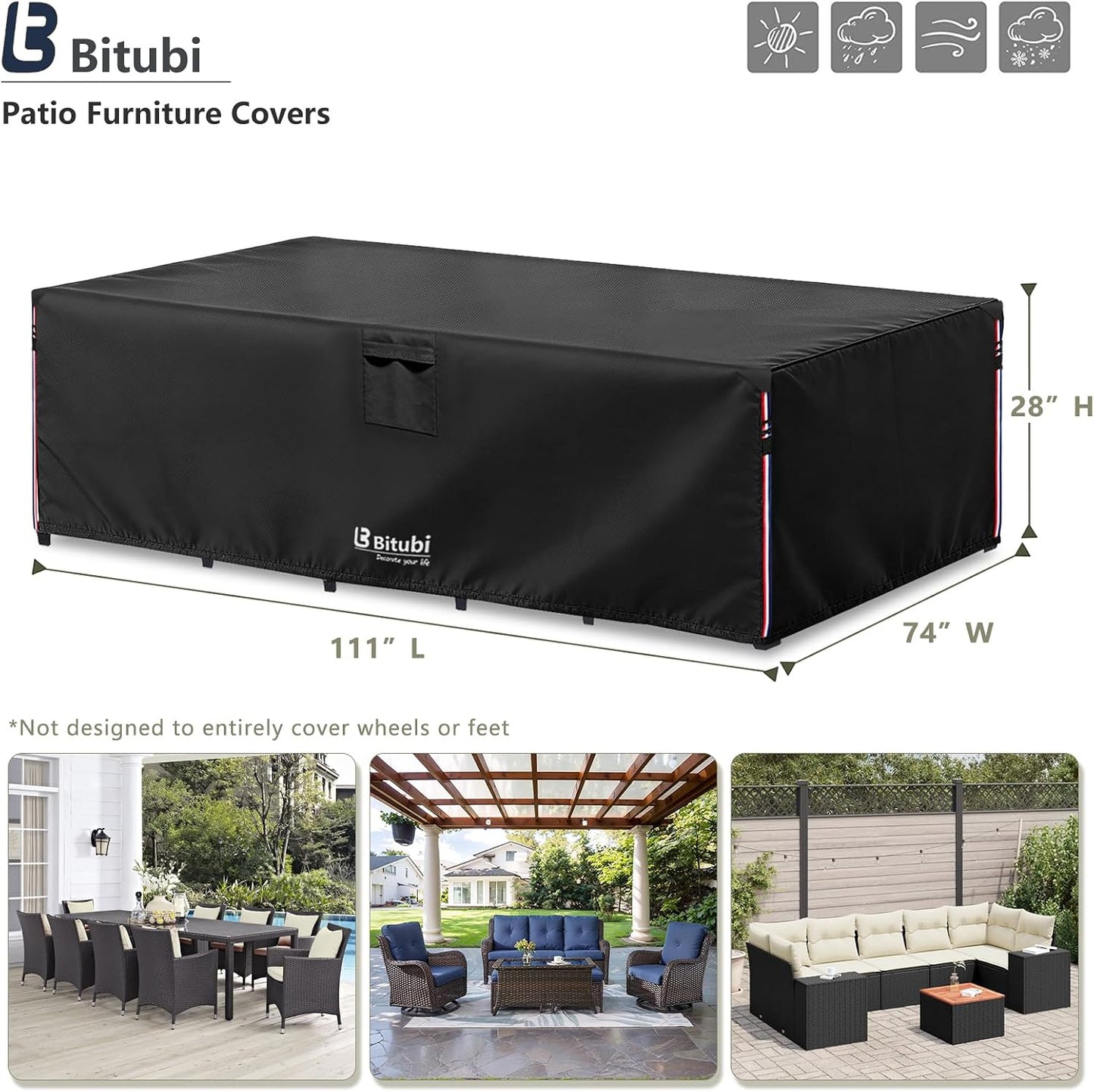 Bitubi Rectangular Patio Table Cover - Heavy Duty 600D Tough Canvas Waterproof Outdoor Dining Table and Chairs Universal Furniture Cover Size 111L X 74W X 28H Inch, Black