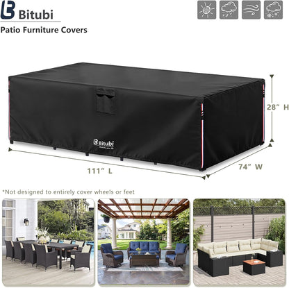Bitubi Rectangular Patio Table Cover - Heavy Duty 600D Tough Canvas Waterproof Outdoor Dining Table and Chairs Universal Furniture Cover Size 111L X 74W X 28H Inch, Black