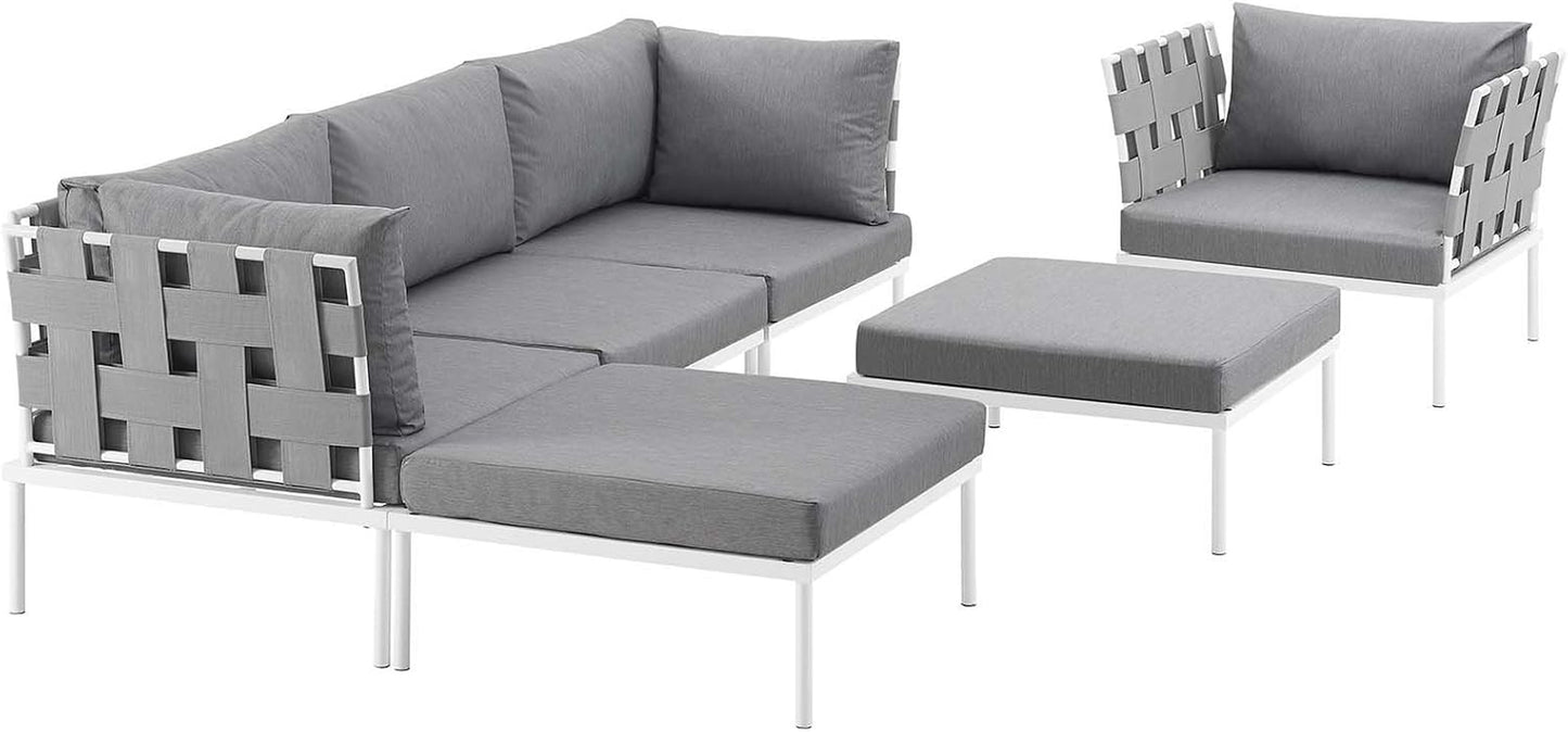 Harmony Aluminum Outdoor Patio Furniture 6-Piece Sectional Sofa Set in White Gray