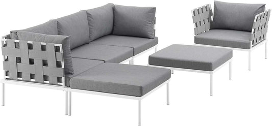 Harmony Aluminum Outdoor Patio Furniture 6-Piece Sectional Sofa Set in White Gray
