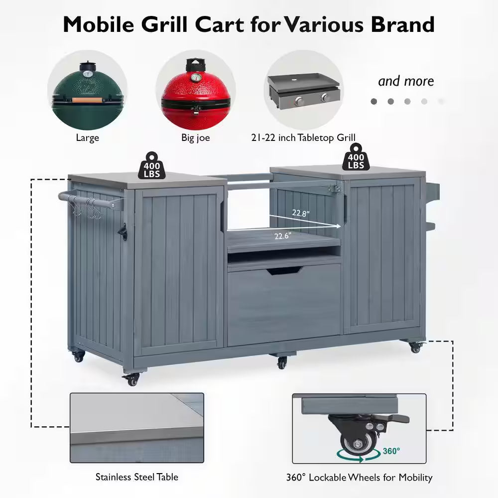 Outdoor 227 Gal. 66.5 In. Gray Blue Kitchen Island for Big Green Egg Grills with Stainless Steel Top Deck Box