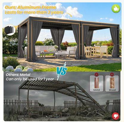 12' X 20' Louvered Pergola, Outdoor Pergola with Curtains & Netting, Aluminum Frame Patio Pergola with Adjustable Louvers Roof & Gutter System, Hardtop Gazebo for Patio, Deck, Garden, Yard, Dark Gray