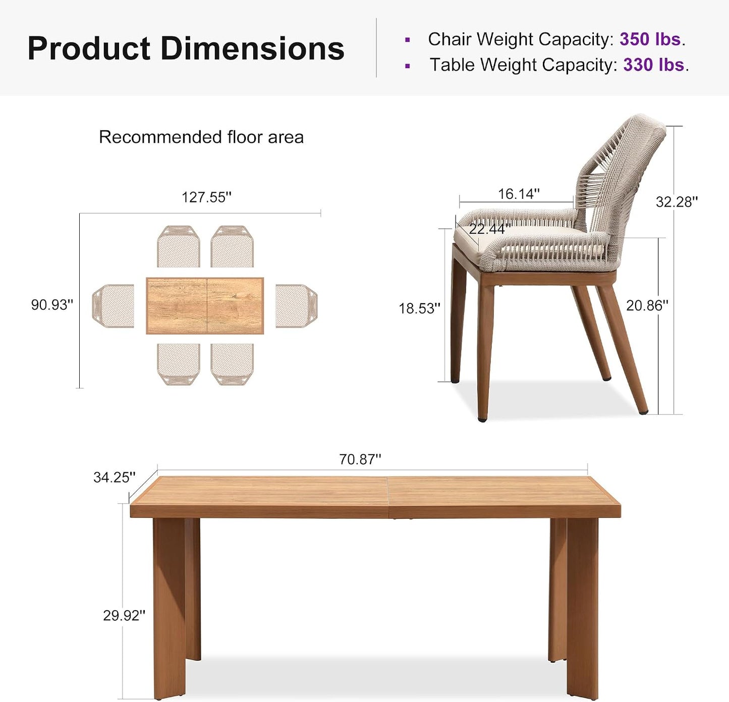 7 Pieces Patio Dining Set with Cushion and Backrest, Deep Teak | Sunbrella Color Lasts, Premium HPL Tabletop, Quick-Dry Textilene Rope, Stable Aluminum Frame, Removable Washable Seat Cover
