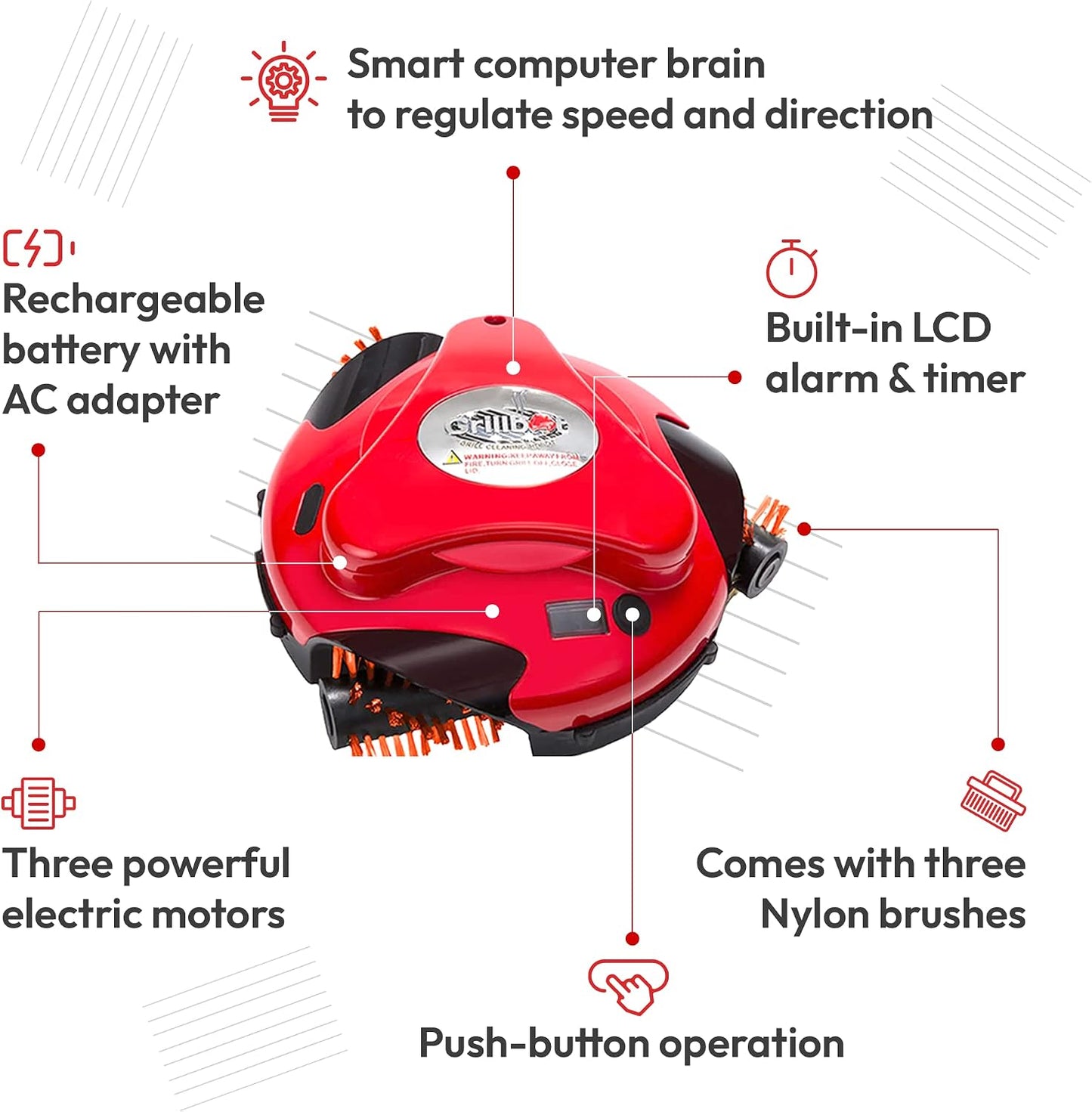Automatic Grill Cleaning Robot with Nylon Brushes, Electric BBQ Cleaner Brush with Motorized Power, Cordless Rechargeable Grill Scrubber for Outdoor Grills (Red)