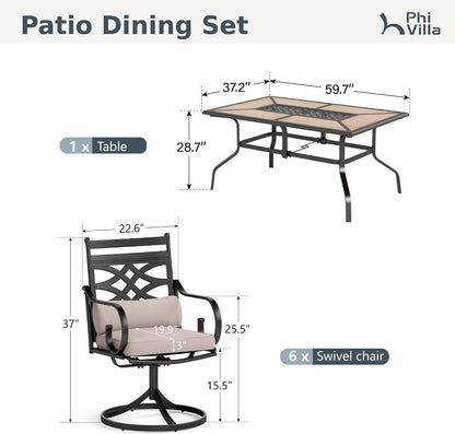 Patio Dining Set, for 6, Swivel Chairs | E-Coated and Steel, Rectangle Table, Beige Cushion, 1.57" Umbrella Hole