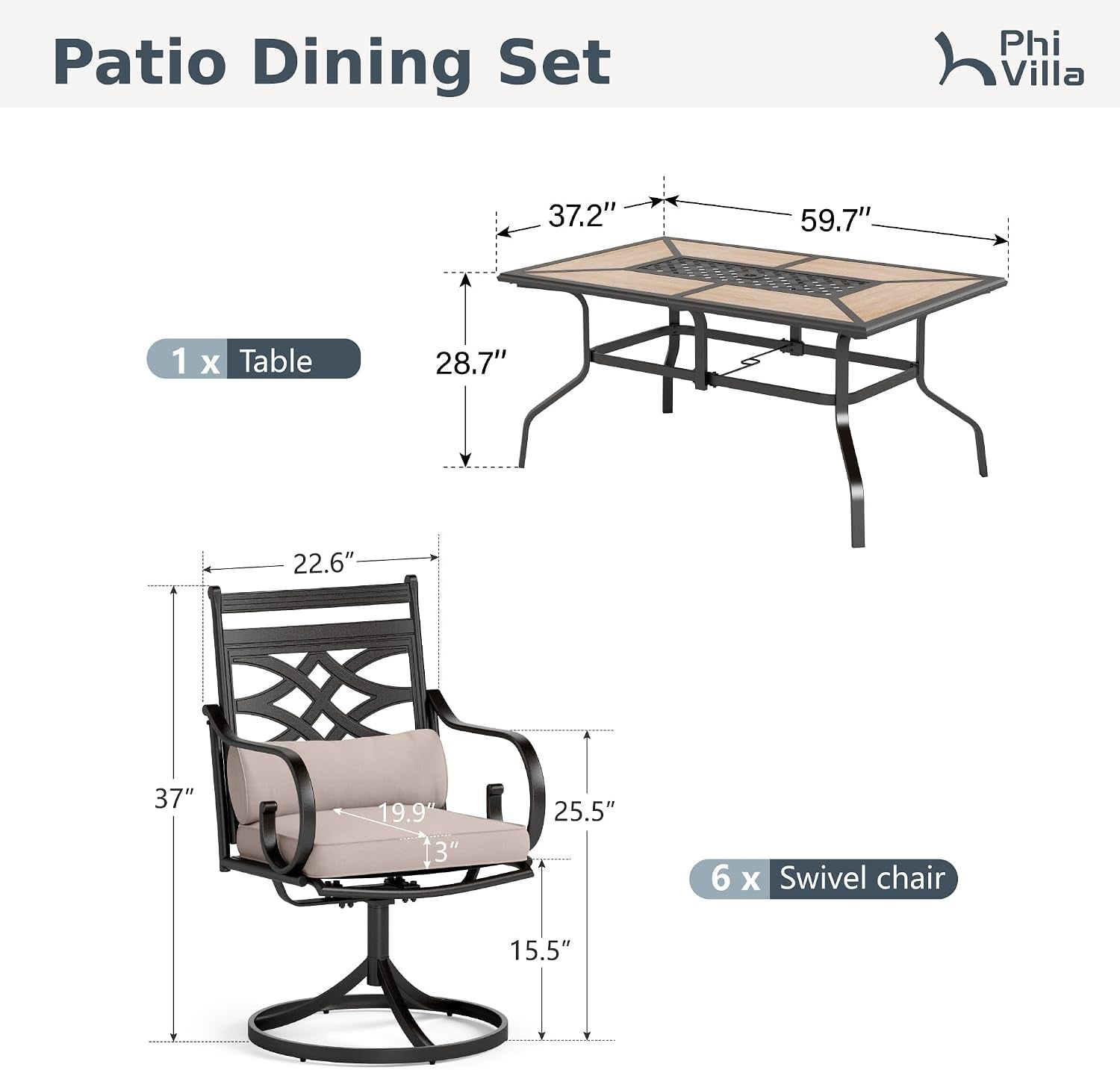 Patio Dining Set, for 6, Swivel Chairs | E-Coated and Steel, Rectangle Table, Beige Cushion, 1.57" Umbrella Hole