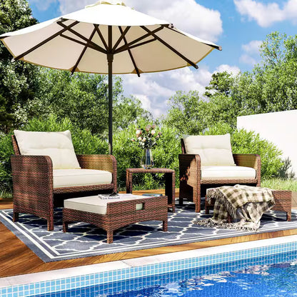 5-Piece Wicker Patio Furniture Set Outdoor Patio Chairs with Ottomans Beige