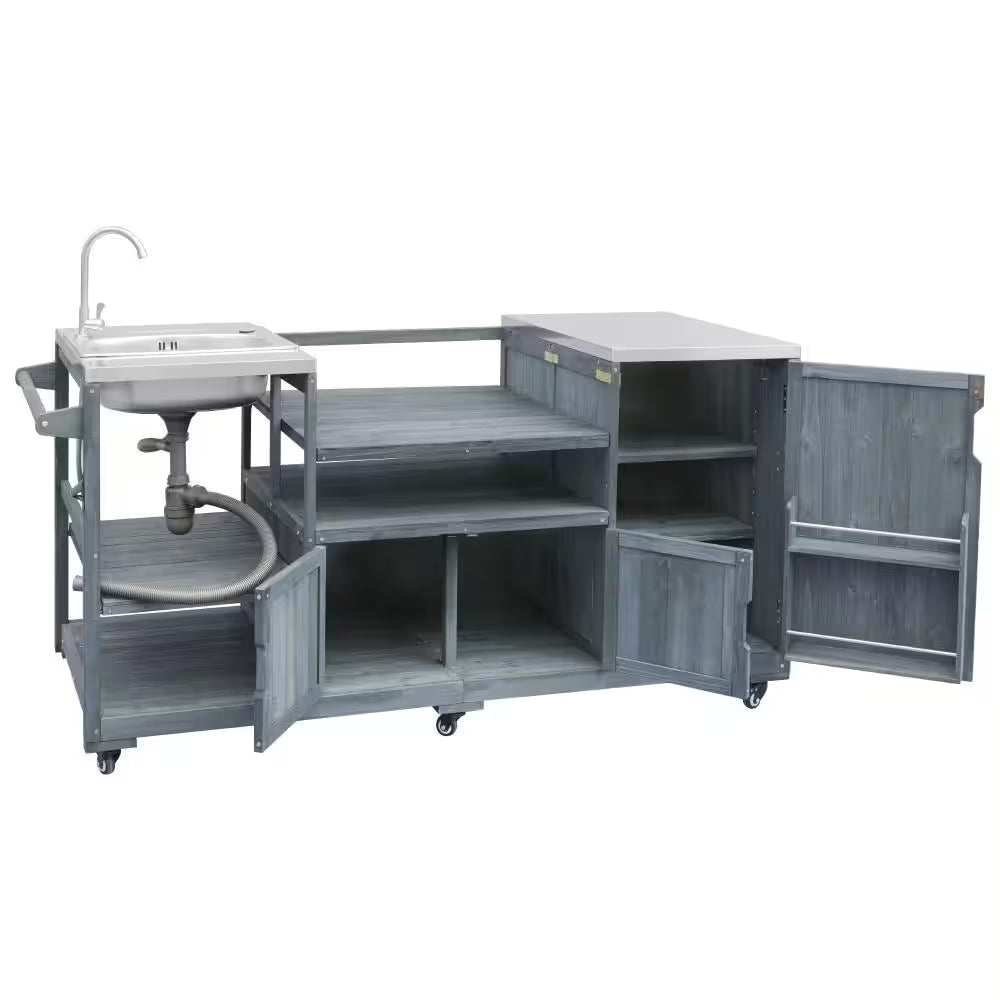 75.4" Outdoor Wood Grey Blue Kitchen Island Rolling Outdoor Bar Cart with Sink