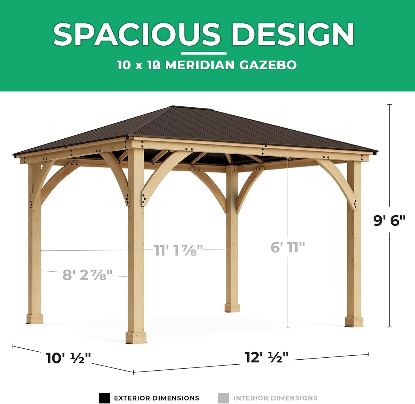 Yardistry 10 X 12 Meridian Cedar Wood Gazebo Pavilion for Patios, Decks, Garden, Backyard, Durable, Aluminum Roof