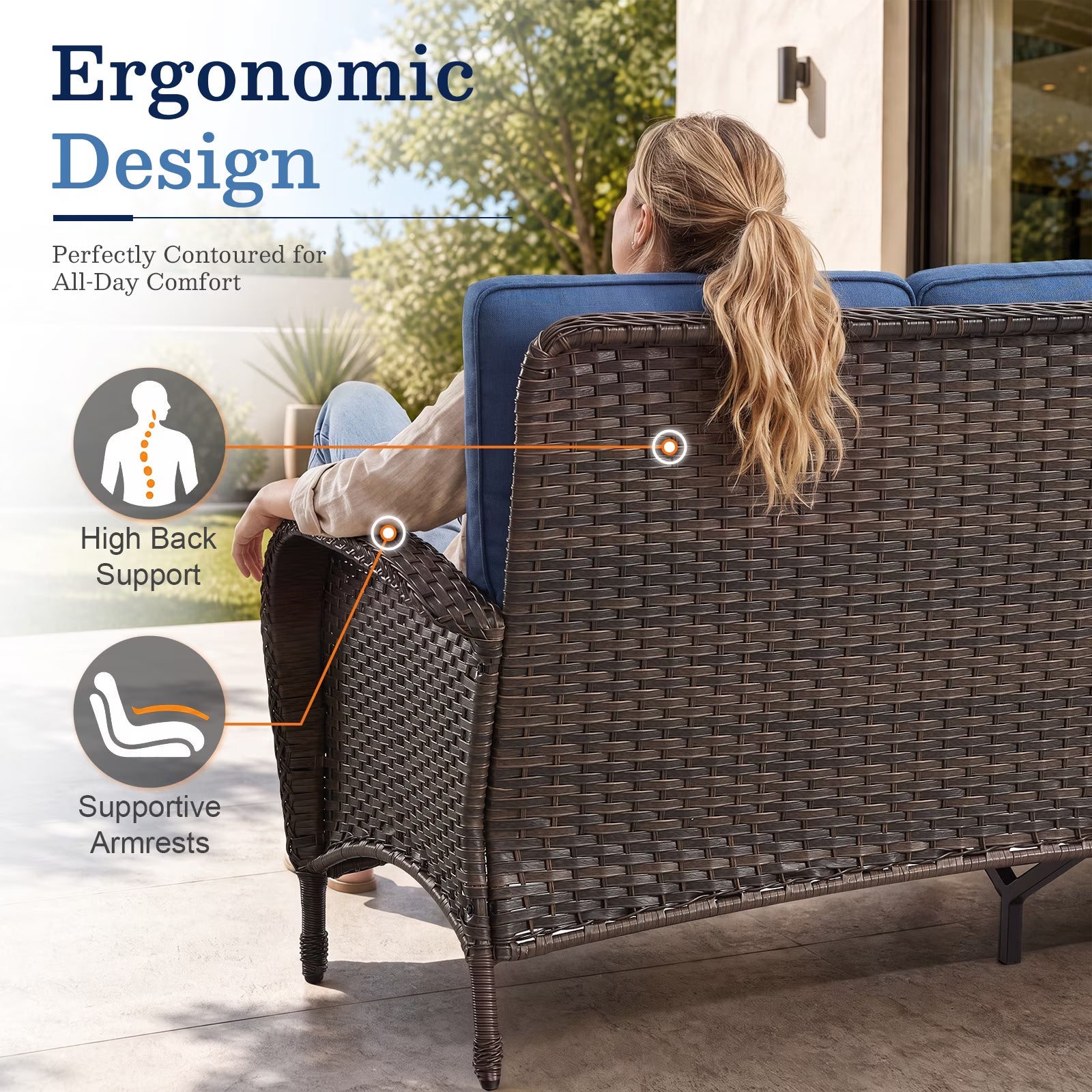 5PCS Outdoor Patio Furniture Set with Fire Pit Table, Brown Wicker Patio Furniture Couch Outdoor Swivel Chair and 43" Propane Firepit Table