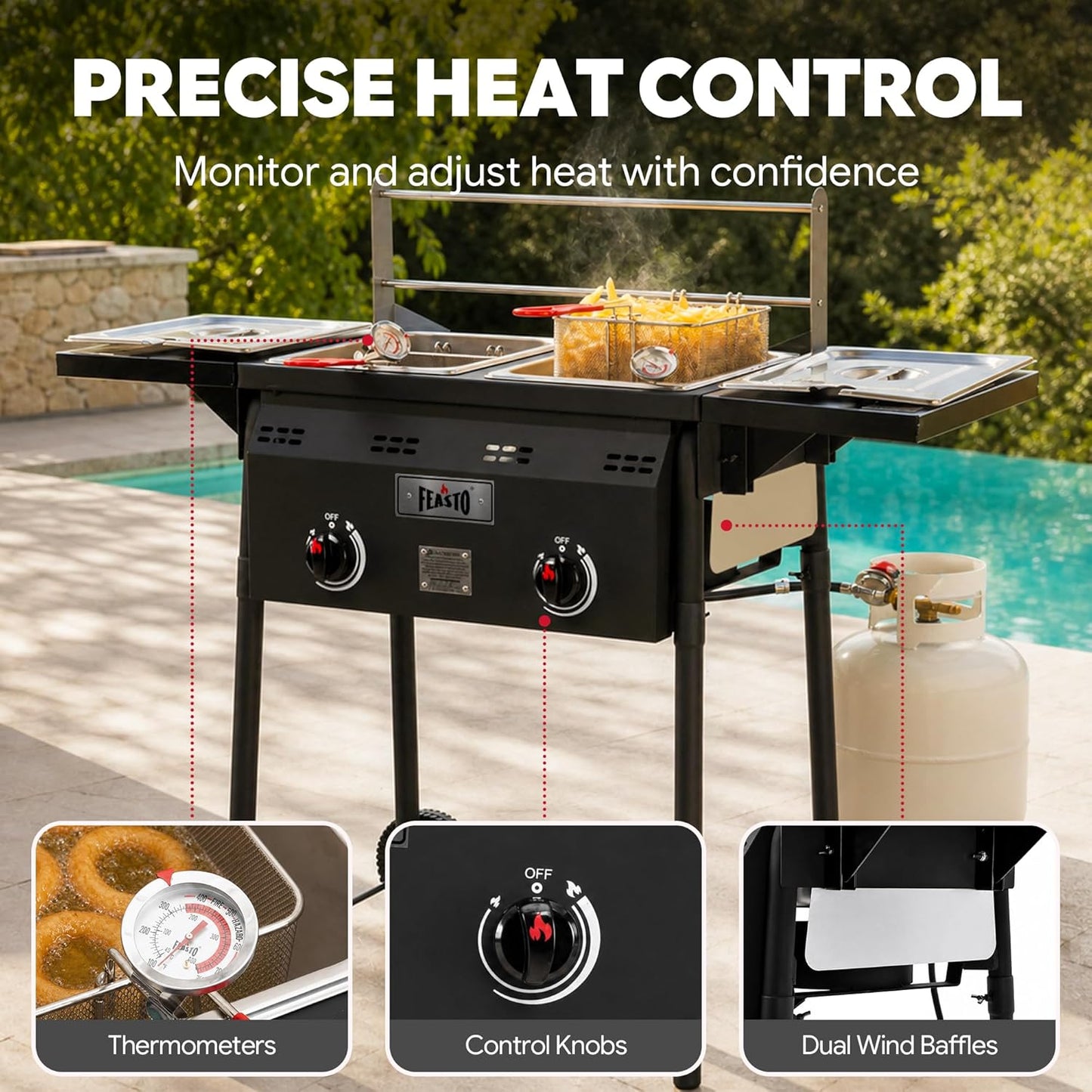Outdoor Propane Deep Fryer with Rolling Cart, Dual Tank Fish Fryer | 2 Independent Burners, 100,000 BTU, 4-Gal Oil Capacity, Frying Station with Baskets for Fish, Fries & Chicken