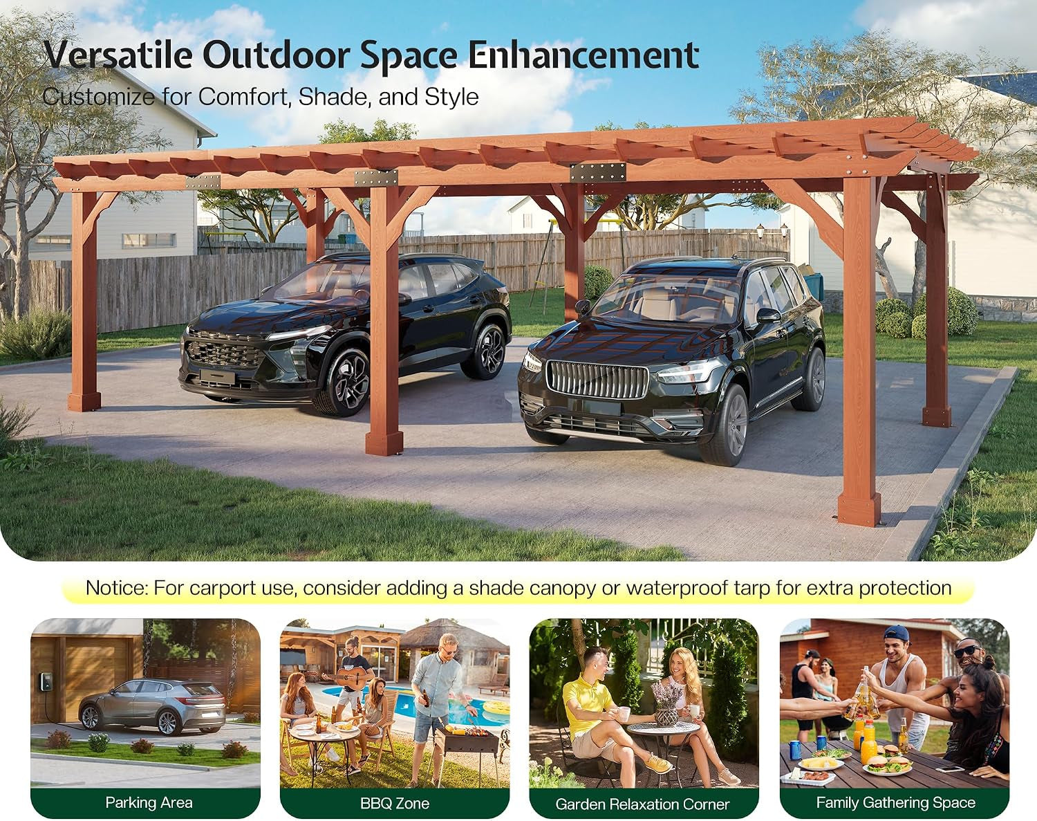 12X24 FT Premium Cedar Wood Pergola with Trellis Roof & Weather-Resistant Support, Outdoor Pergola Kit with Stakes, Garden Gazebo for Patio, Backyard & Events, Reddish-Brown