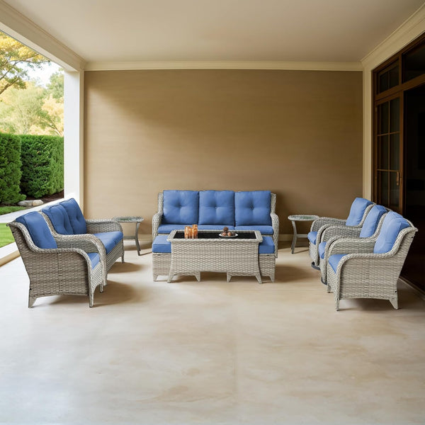 Outdoor Furniture：11 PCS Patio Furniture Set, Outdoor Furniture Set with Swivel Patio Chairs, Light Beige/Blue