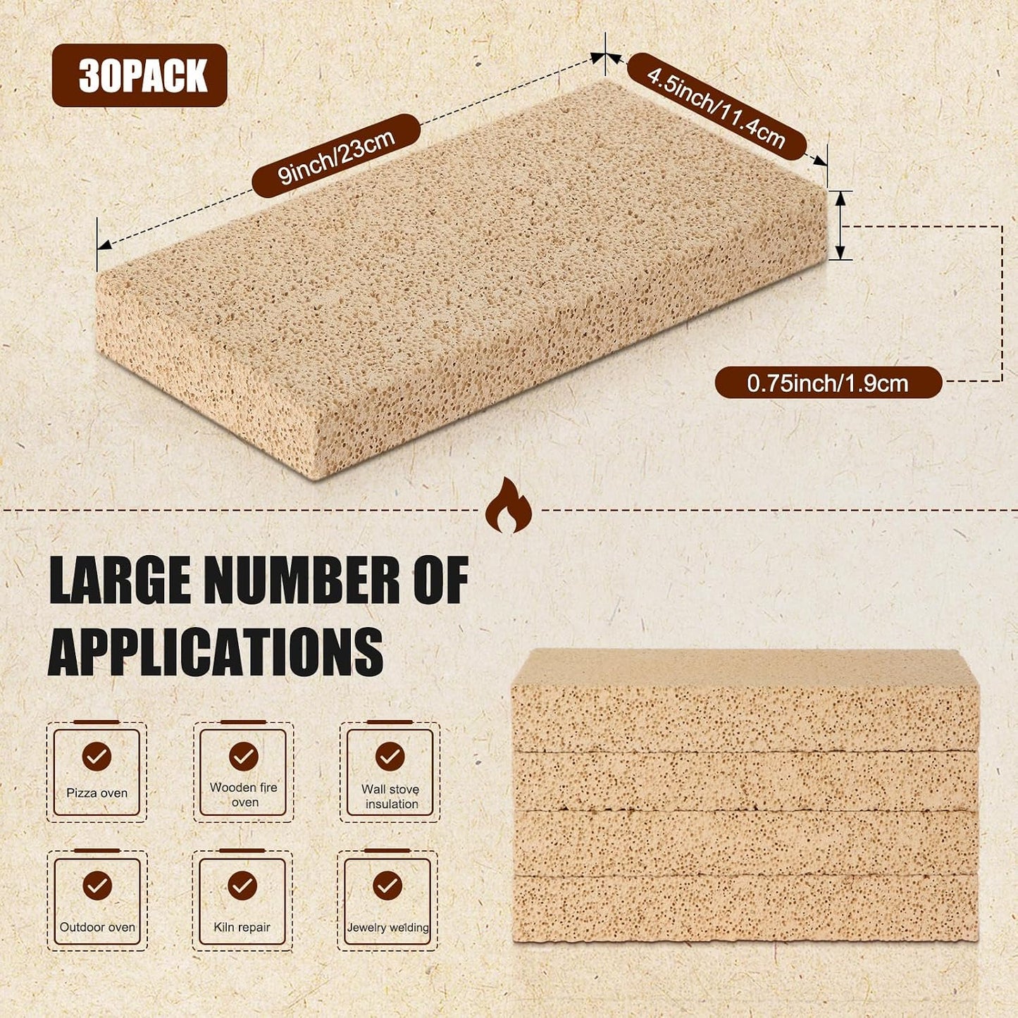 30 Pcs Insulating Fire Brick 3200F Rated Wood Stove Fire Bricks for Fireplaces Blacksmith Forges Heat Oven Kilns Insulation Block for Metal Clay Firing, Jewelry Soldering (9 X 4.5 X 0.75 Inch)