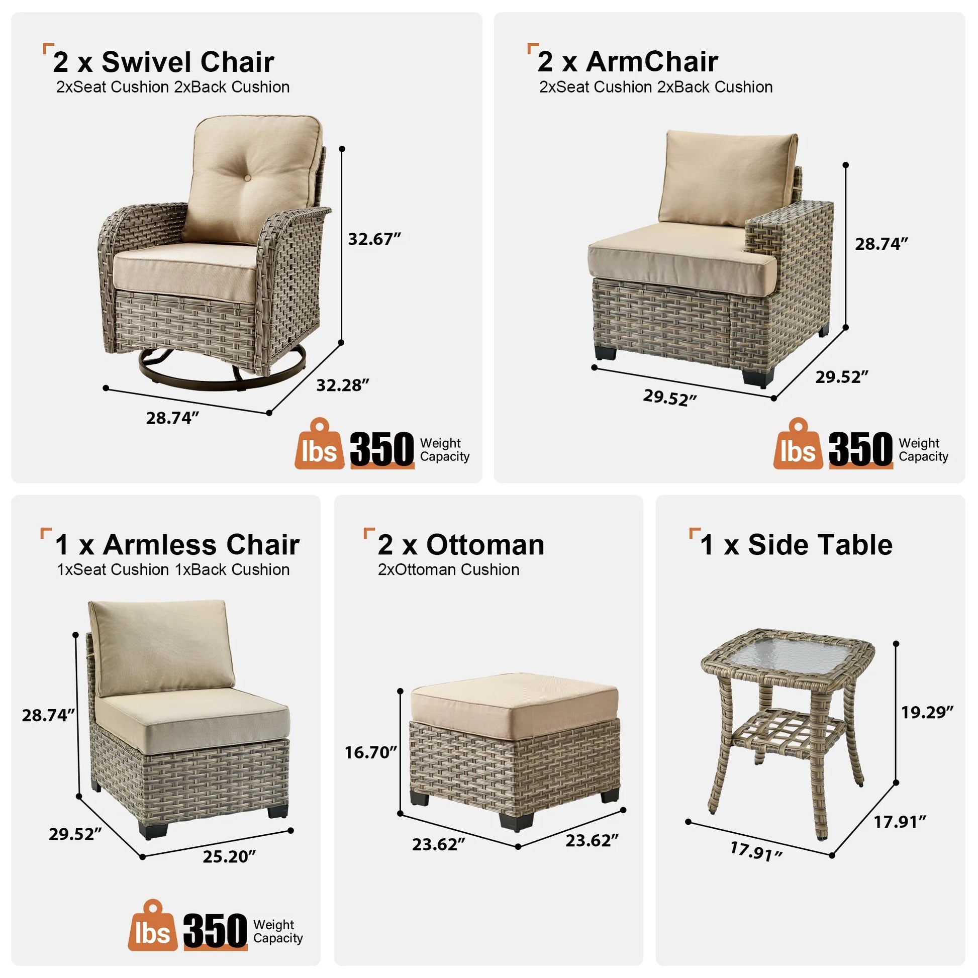 8 Pieces Patio Furniture Set, All Weather Wicker Patio Conversation Set with Swivel Chairs, Outdoor Furniture with Ottoman for Garden, Beige