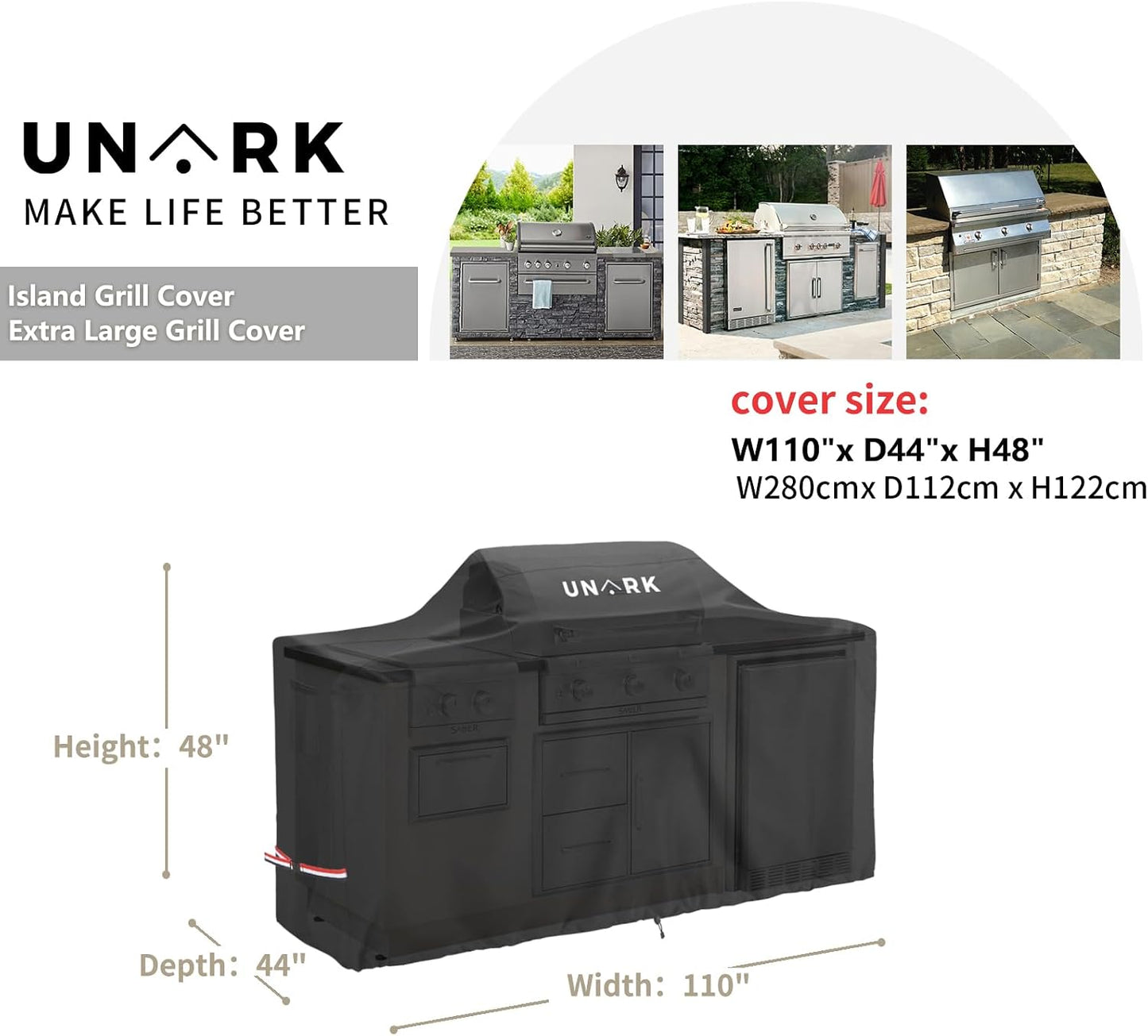 110 Inch Extra Large Grill Cover Kitchen Island Cover Large Island Grill Cover for Outdoor Grill Outdoor Kitchen Cover Heavy Duty Waterproof 110" L X 44" W X 48" H, Black