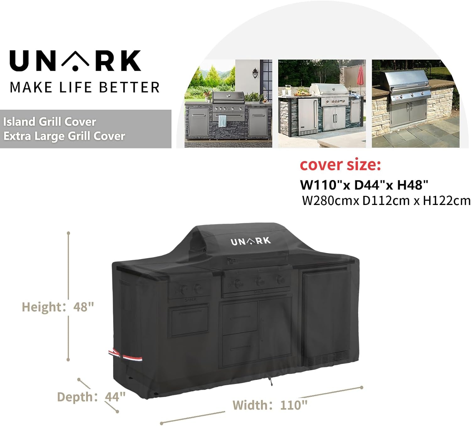 110 Inch Extra Large Grill Cover Kitchen Island Cover Large Island Grill Cover for Outdoor Grill Outdoor Kitchen Cover Heavy Duty Waterproof 110" L X 44" W X 48" H, Black