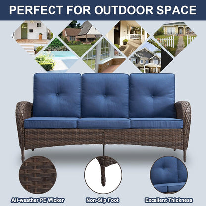 6 Piece Patio Conversation Sets - Wicker Patio Furniture Sets with Outdoor Swivel Rocker Chairs Outdoor Couch Perfect for Patio Deck Backyard, Brown Wicker Blue Cushion