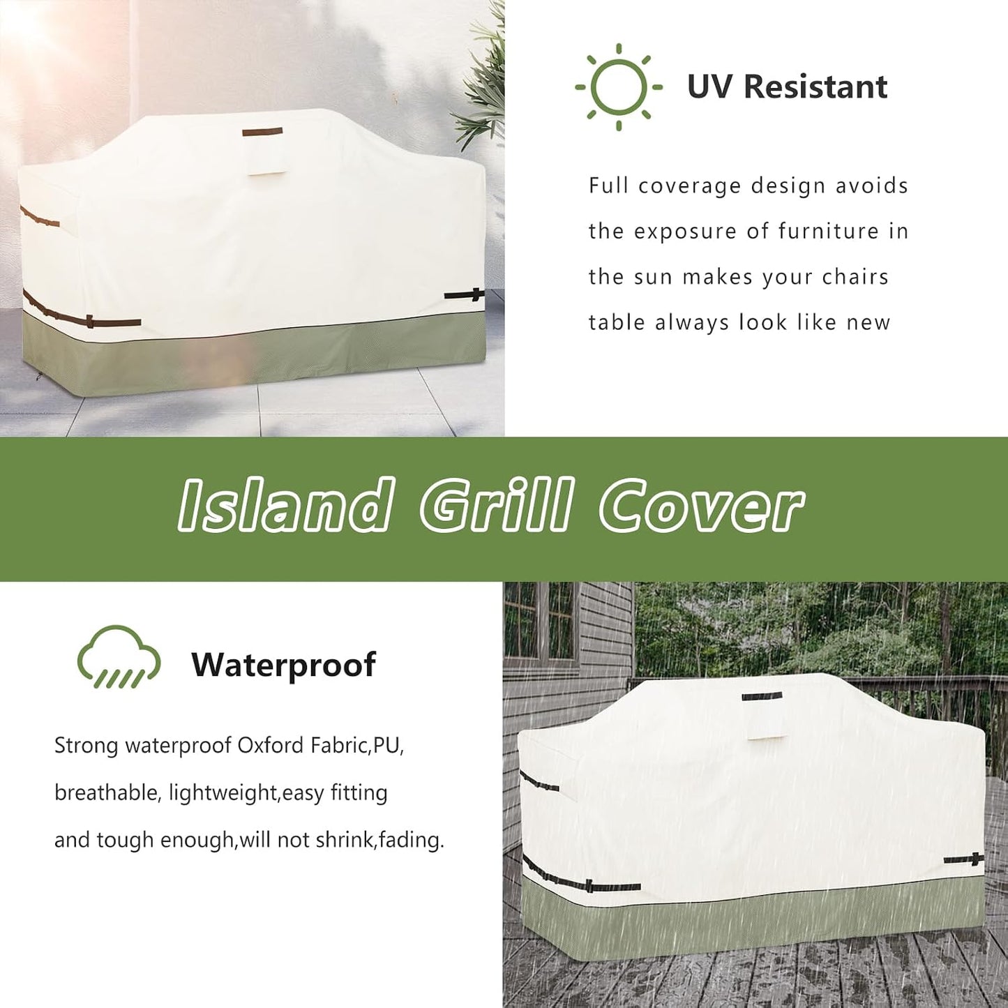 87 Inch Island Grill Cover - 600D Heavy Duty Waterproof All Weather Protection Outdoor Cover,Beige& Green