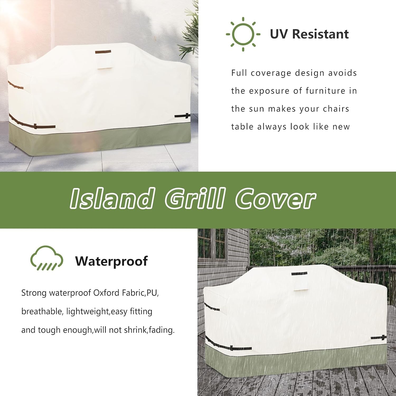 87 Inch Island Grill Cover - 600D Heavy Duty Waterproof All Weather Protection Outdoor Cover,Beige& Green