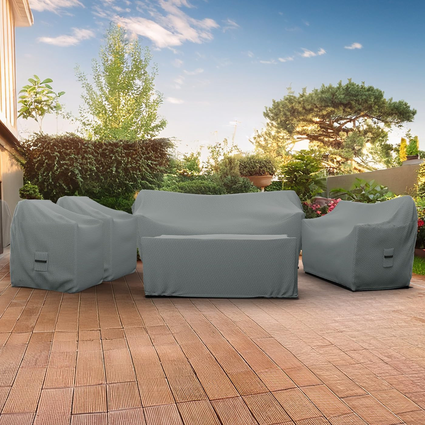 Patio Furniture Cover Set, 5 Piece Outdoor Furniture Covers, Water-Repellent UV & Weather-Resistant Covers for Sofa, Loveseat, Chairs & Coffee Table with Elastic & Padded Handles