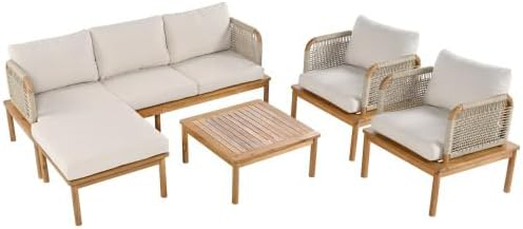 Coby 5-Piece Acacia Wood Patio Furniture Set, Outdoor Conversation Sofa Set with Club Chair, Coffee Table and Ottoman, Patio Sectional Chat Set for Backyard/Balcony, Teak+Beige