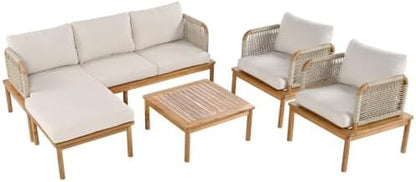 Coby 5-Piece Acacia Wood Patio Furniture Set, Outdoor Conversation Sofa Set with Club Chair, Coffee Table and Ottoman, Patio Sectional Chat Set for Backyard/Balcony, Teak+Beige