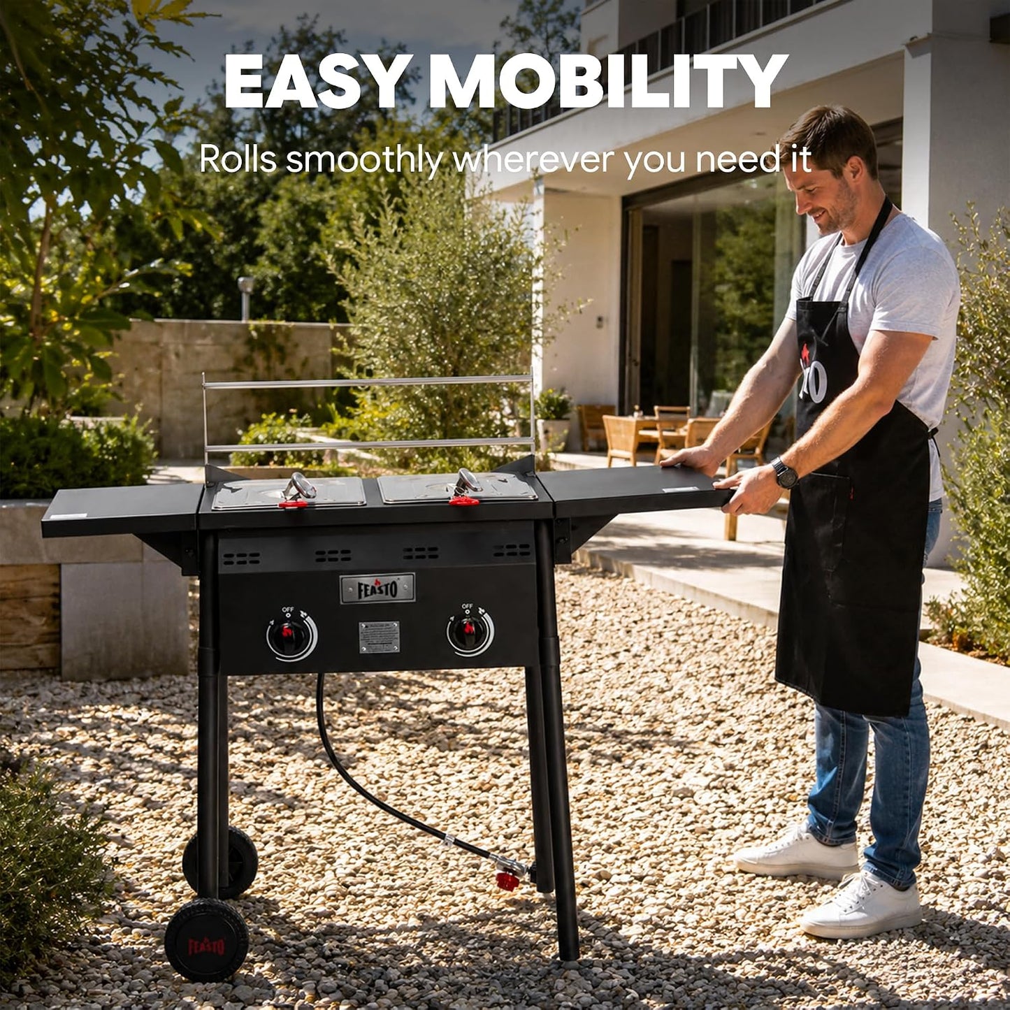 Outdoor Propane Deep Fryer with Rolling Cart, Dual Tank Fish Fryer | 2 Independent Burners, 100,000 BTU, 4-Gal Oil Capacity, Frying Station with Baskets for Fish, Fries & Chicken