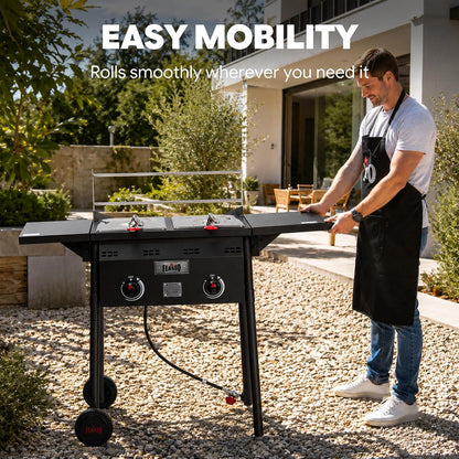 Outdoor Propane Deep Fryer with Rolling Cart, Dual Tank Fish Fryer | 2 Independent Burners, 100,000 BTU, 4-Gal Oil Capacity, Frying Station with Baskets for Fish, Fries & Chicken