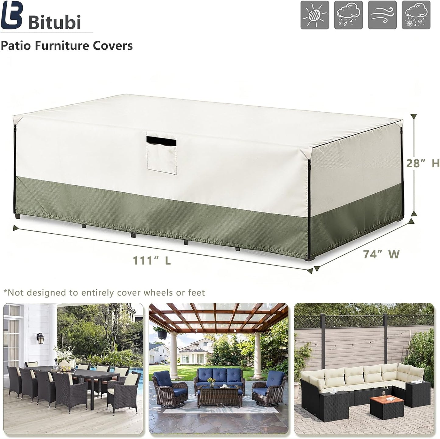 Bitubi Rectangular Patio Table Cover - Heavy Duty 600D Tough Canvas Waterproof Outdoor Dining Table and Chairs Universal Furniture Cover Size 111L X 74W X 28H Inch, Beige