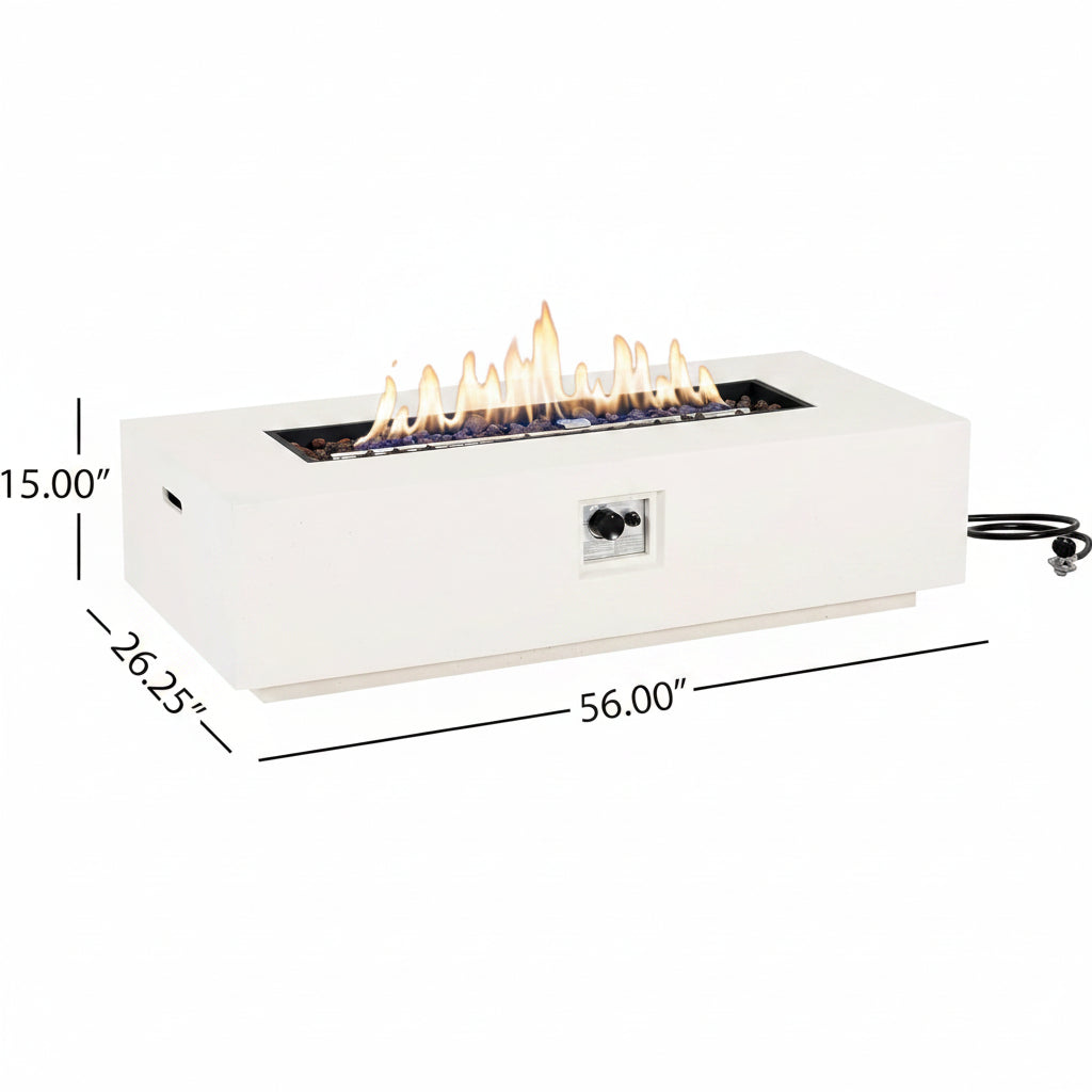 Aidan Lightweight Concrete Outdoor Propane Fire Pit Table, 50,000 BTU Rectangular Fire Table for Patio Furniture Set (No Tank Holder), Fully Assembled Patio Fire Pit, White