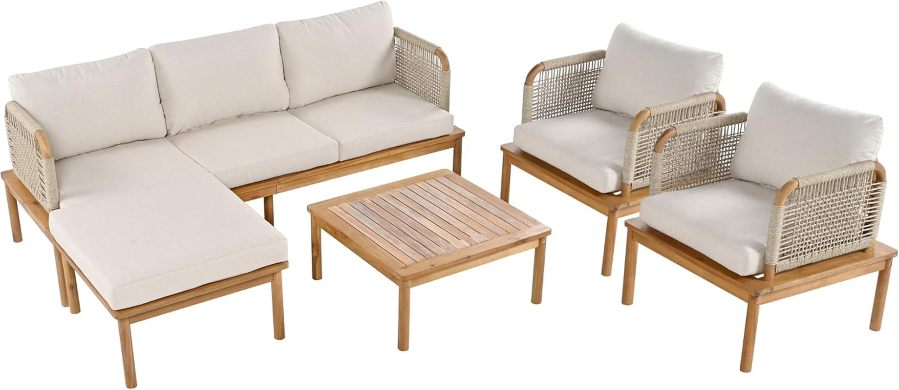 Coby 5-Piece Acacia Wood Patio Furniture Set, Outdoor Conversation Sofa Set with Club Chair, Coffee Table and Ottoman, Patio Sectional Chat Set for Backyard/Balcony, Teak+Beige