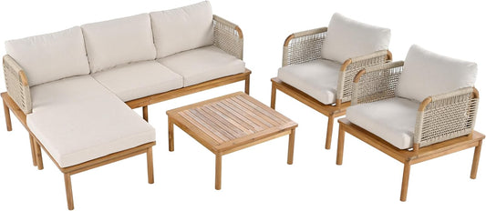 Coby 5-Piece Acacia Wood Patio Furniture Set, Outdoor Conversation Sofa Set with Club Chair, Coffee Table and Ottoman, Patio Sectional Chat Set for Backyard/Balcony, Teak+Beige