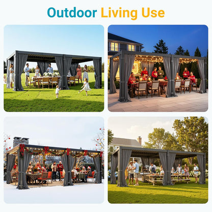 12' X 20' Louvered Pergola, Outdoor Pergola with Curtains & Netting, Aluminum Frame Patio Pergola with Adjustable Louvers Roof & Gutter System, Hardtop Gazebo for Patio, Deck, Garden, Yard, Dark Gray