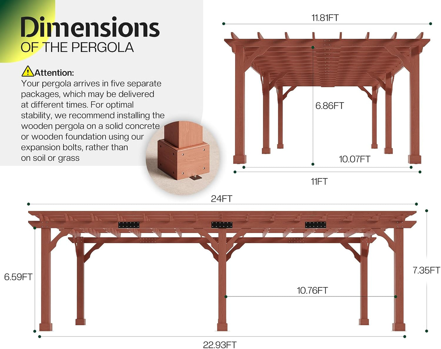 12X24 FT Premium Cedar Wood Pergola with Trellis Roof & Weather-Resistant Support, Outdoor Pergola Kit with Stakes, Garden Gazebo for Patio, Backyard & Events, Reddish-Brown