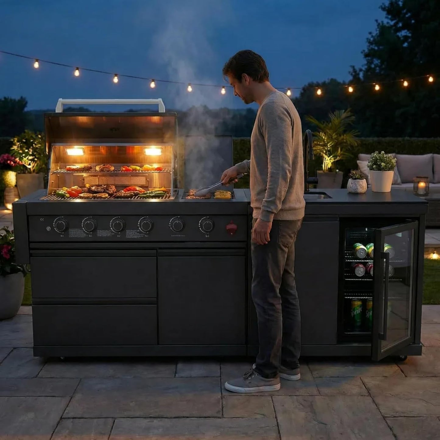 Outdoor BBQ Island, BBQ Island Outdoor Kitchen, 46" 4-Burner 72,000 BTU Outdoor Kitchen Island with Grill, Grill Tools, Grill Cover, Sink, Fridge, Rotisserie, Locking Casters, Propane/Ng (Black)