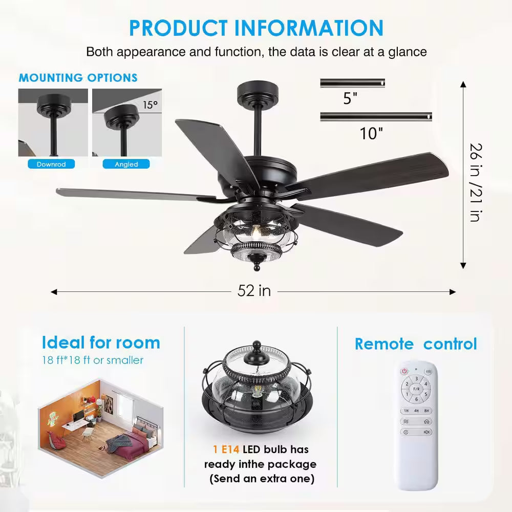 52 In. Indoor/Outdoor Black Ceiling Fans with Light and Remote-Wet Rated for Patios Gazebos