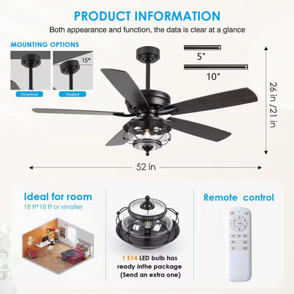 52 In. Indoor/Outdoor Black Ceiling Fans with Light and Remote-Wet Rated for Patios Gazebos
