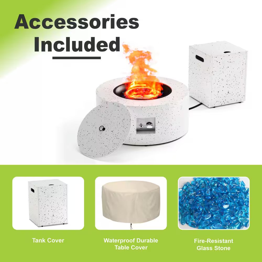 Outdoor Fire Pit Table Gas Fire Pits, 30 In. round Firepit Table, 50,000 BTU Fire Table for Patio, White with Black Dots