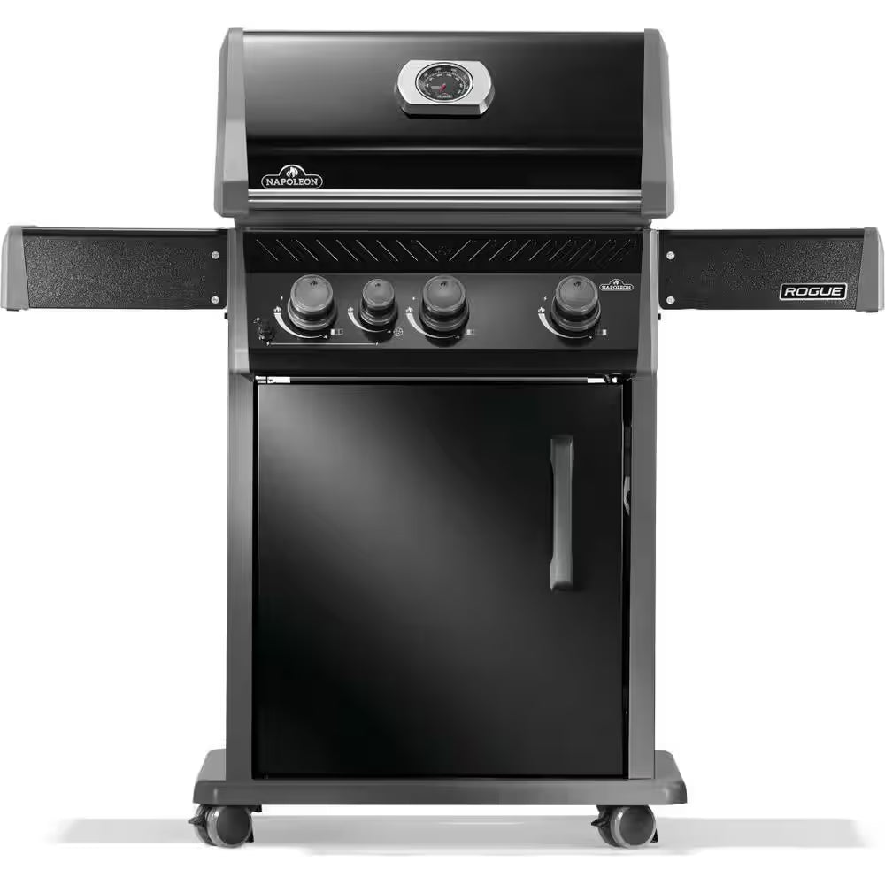 Rogue 425 3-Burner Propane Gas Grill in Black with Cast Iron Cooking Grids and Range Side Burner