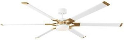 6LFR72RZWBBSD Loft Industrial 72" Outdoor/Indoor Damp Ceiling Fan with LED Lights and Remote Control, 6 Aluminum Blades with Burnished Brass Arms, Matte White