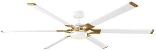 6LFR72RZWBBSD Loft Industrial 72" Outdoor/Indoor Damp Ceiling Fan with LED Lights and Remote Control, 6 Aluminum Blades with Burnished Brass Arms, Matte White