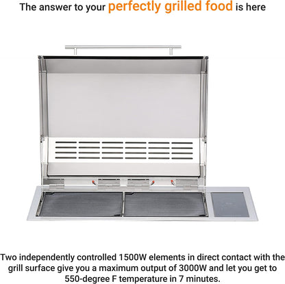 Texan Built-In Electric Grill with Faceted Single Piece Lid and Standard Lite Touch Control, Stainless Steel Body, Ul-Approved for Use Indoors and Outdoors, No-Flame Grill, 240 Volts