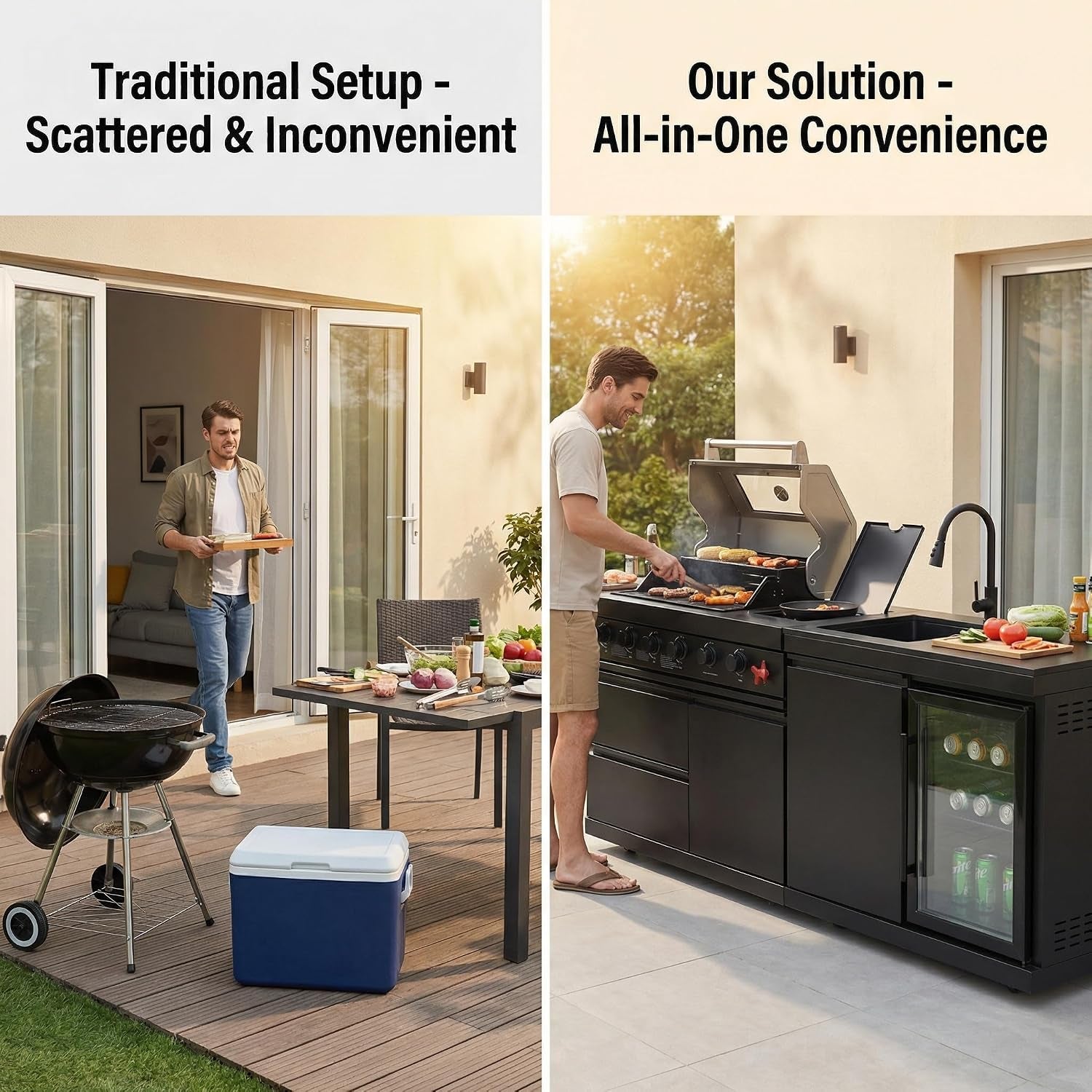 Outdoor BBQ Island, BBQ Island Outdoor Kitchen, 46" 4-Burner 72,000 BTU Outdoor Kitchen Island with Grill, Grill Tools, Grill Cover, Sink, Fridge, Rotisserie, Locking Casters, Propane/Ng (Black)