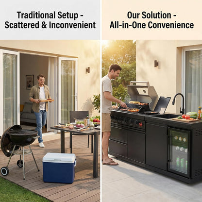 Outdoor BBQ Island, BBQ Island Outdoor Kitchen, 46" 4-Burner 72,000 BTU Outdoor Kitchen Island with Grill, Grill Tools, Grill Cover, Sink, Fridge, Rotisserie, Locking Casters, Propane/Ng (Black)
