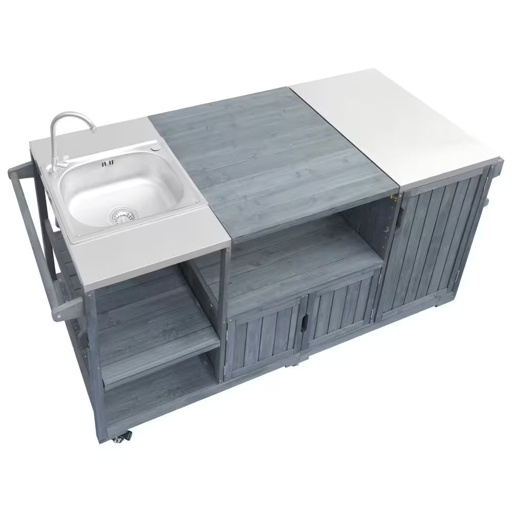 75.4" Outdoor Wood Grey Blue Kitchen Island Rolling Outdoor Bar Cart with Sink