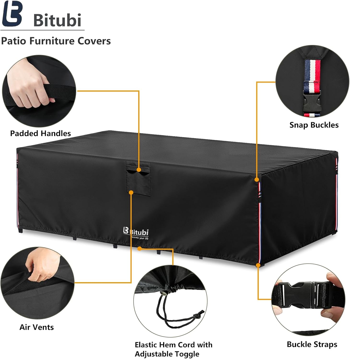 Bitubi Rectangular Patio Table Cover - Heavy Duty 600D Tough Canvas Waterproof Outdoor Dining Table and Chairs Universal Furniture Cover Size 111L X 74W X 28H Inch, Black