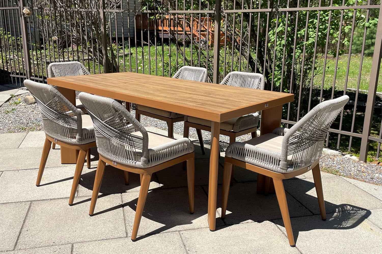 7 Pieces Patio Dining Set with Cushion and Backrest, Deep Teak | Sunbrella Color Lasts, Premium HPL Tabletop, Quick-Dry Textilene Rope, Stable Aluminum Frame, Removable Washable Seat Cover